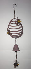 Load image into Gallery viewer, Metal Honey comb with 3 small bees attached that hangs.  There is a bell that will chime in the wind.