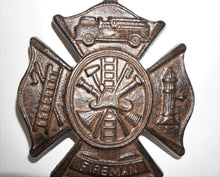 Load image into Gallery viewer, Fireman Emblem Cast Iron Shield | Fire Department Wall Plaque