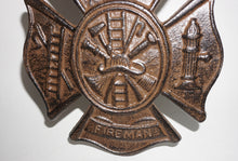 Load image into Gallery viewer, Fireman Emblem Cast Iron Shield | Fire Department Wall Plaque