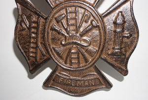 Fireman Emblem Cast Iron Shield | Fire Department Wall Plaque