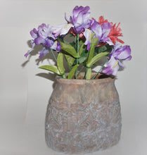 Load image into Gallery viewer, tall oval terra cotta planter with embossed filigree design.  Tuscan or French Design
