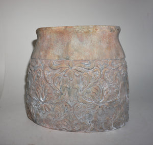 Oval Distressed Terracotta Planter with Embossed Filigree | Tuscan Design | French Country Vase