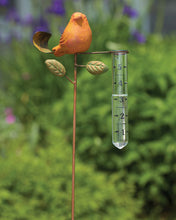 Load image into Gallery viewer, Rain Gauge Garden Stake with an Orange or Teal Terracotta Bird