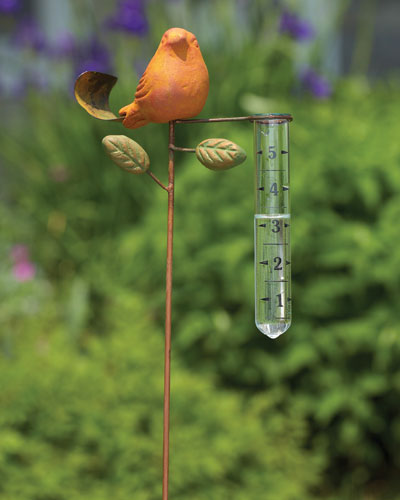 Rain Gauge Garden Stake with an Orange Terracotta Bird
