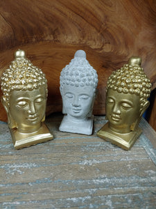 3 SMALL, SOLID CONCRETE BUDDHA HEADS | GREAT DÉCOR ACCENT PIECES. 2 COLORS: GREY AND GOLD.