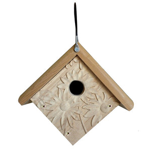 Hand Carved Cedar Wren House with Sunflowers | Hanging Outdoor Birdhouse | made in the USA