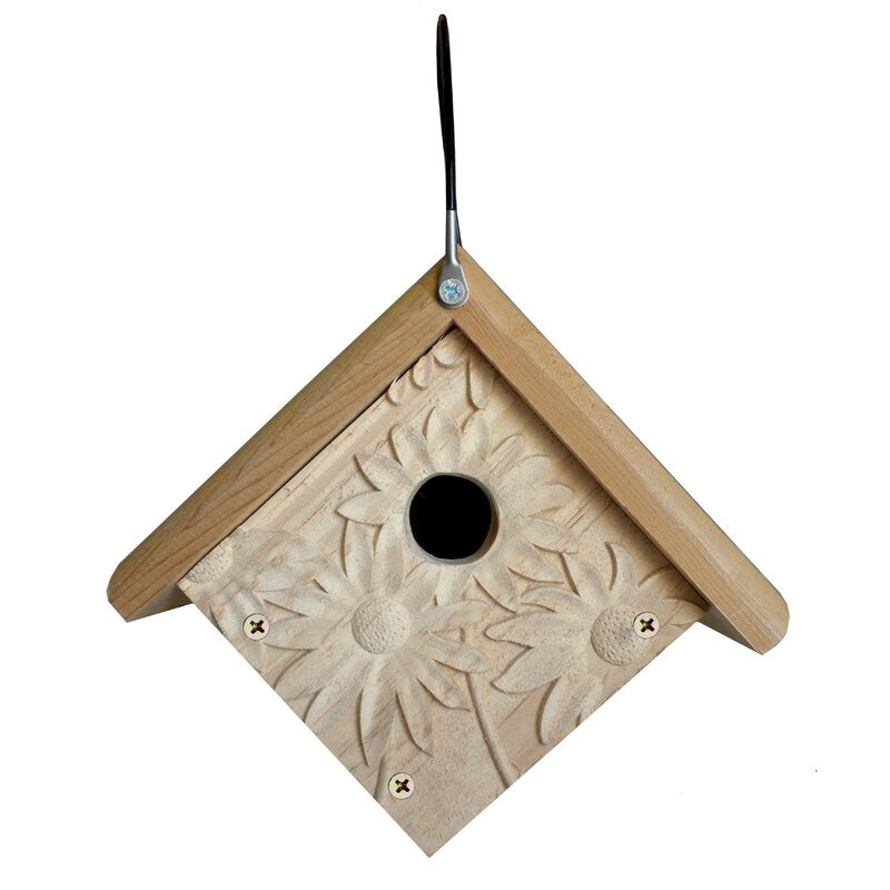 Hand Carved Cedar Wren House with Sunflowers | Hanging Outdoor Birdhouse | made in the USA