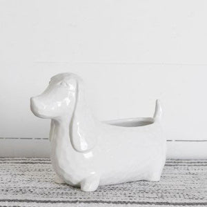 White Ceramic Dachshund Dog Planter