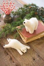 Load image into Gallery viewer, These two felted white polar bear cubs could not be any cuter  This set of 2 polar bears will melt your heart this season. Crafted with felt, 1 bear is chillin&#39; the other is taking in the scenery. Super cute addition to your holiday décor.  Measurements : 6.3&#39;&#39; H x 3.15&#39;&#39; W x 3.15&#39;&#39; D