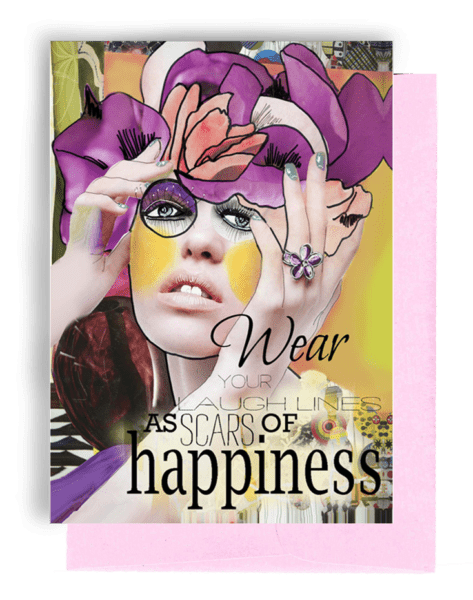 BIRTHDAY GREETING CARD | PALE PINK ENVELOPE. | BACKGROUND: MULTI-COLORED | WOMAN WITH PURPLE, WHITE, AND PINK HAT/LARGE, YELLOW SPOTS ON CHEEKS/SILVER NAIL POLISH/LARGE, PURPLE FLOWER RING | HOLDING HER HANDS TO HER TEMPLE | WORDS: OUTSIDE, 