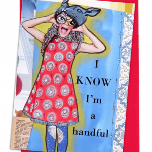 GREETING CARD | BRIGHT RED ENVELOPE. | BACKGROUND: PALE BLUE TO A PALE YELLOW SHADOW | GIRL WITH RABBIT MASK ON TOP OF HEAD/LONG HAIR/NOE-SLEEVE RED DRESS WITH GREY SWIRLS/BLUE TIGHTS WITH WHITE DOTS AND WHITE REPAIRED KNEES | WORDS: OUTSIDE, 