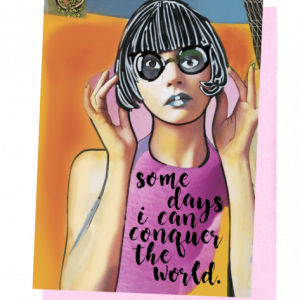 GREETING CARD | PALE PINK ENVELOPE. | BACKGROUND: BLUE TO ORANGE TO PINK COLORS | LADY – SHORT, FLIP HAIRCUT/GLASSES/SLEEVELESS PINK TOP/PALE-GREY LIPSTICK | FIXING HAIR WITH BOTH HANDS-DARK NAIL POLISH | WORDS: OUTSIDE, 