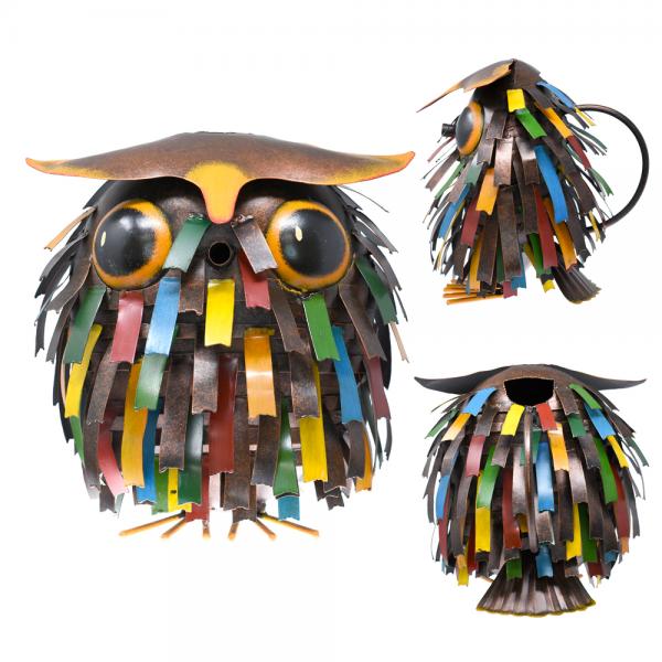 multi colored metal owl watering can.  the water comes out of his nose.  The handle in on the owls back.