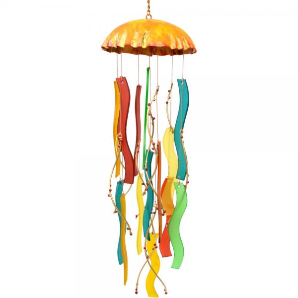 Jelly fish shaped wind chime.  The top is a piece of metal.  Rainbow of colored glass is hanging at different lengths giving this piece of art the look of a jellyfish