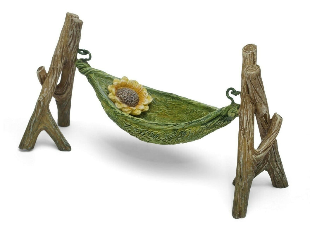  Leaf hammock with daisy pillow.  hanging with hooks on branch tripods. Green leaf and yellow flower with brown center.  
