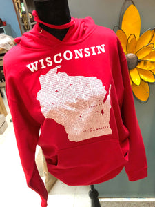 SMALL TOWN WISCONSIN SWEATSHIRT – MEN’S SIZES S THRU 2XL/ON A BLACK MANNEQUIN. CARDINAL RED HOODIE, WHITE MAP OF WISCONSIN ON FRONT, TOWN NAMES WRITTEN INSIDE THE MAP. POUCH POCKETS IN FRONT.