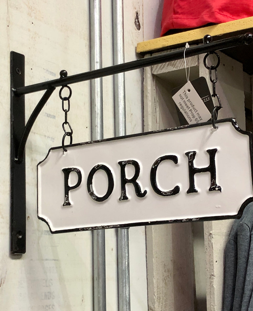 IMAGE OF METAL SIGN WITH THE WORD PORCH EMBOSSED HANGING ON AN IRON POST.  metal porch sign redshedgarden hanging Red Shed RedShed RedShedGarden Gift Indoor Outdoor Gift Decor 