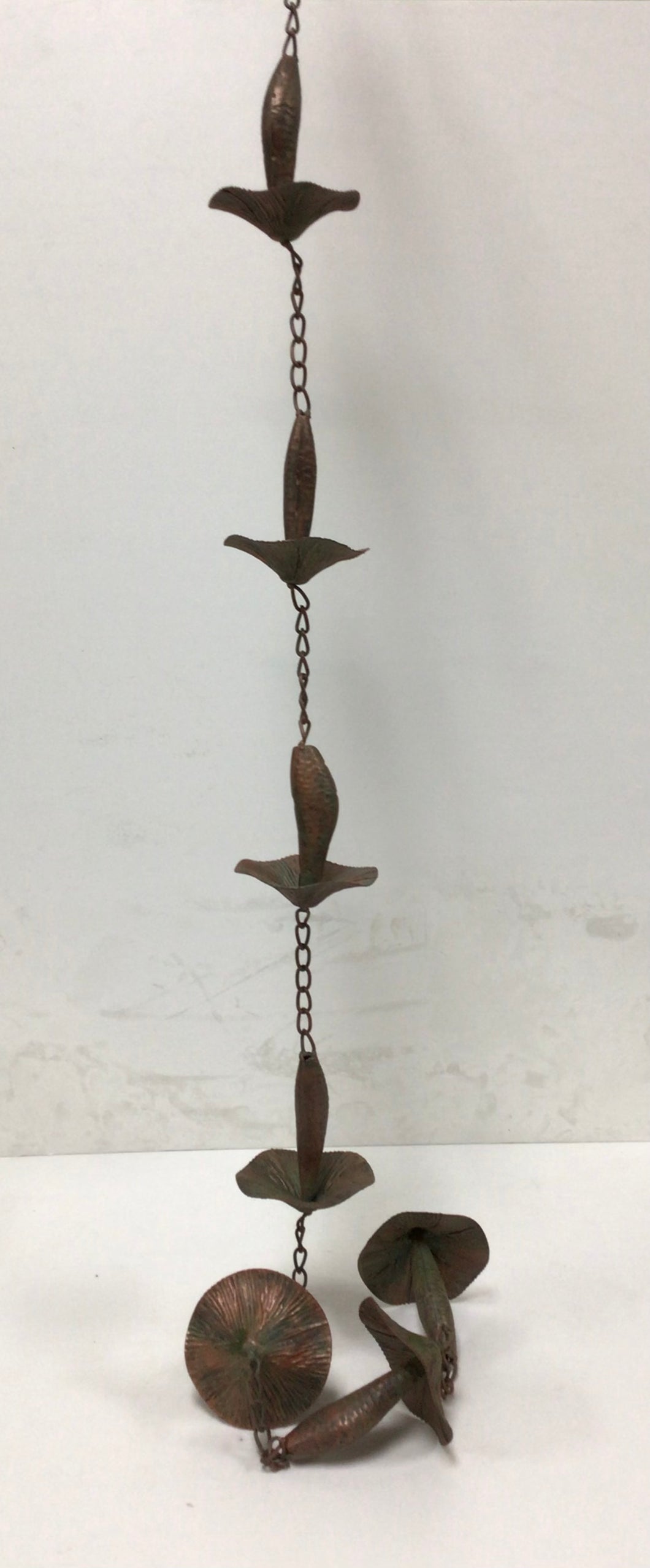 Mushroom rain chain with a patina copper finish 76