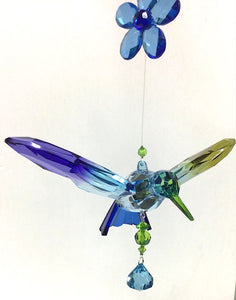 Five Tone Hanging Acrylic Hummingbird with Flower Ornament in 6 Assorted Colors