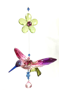 Five Tone Hanging Acrylic Hummingbird with Flower Ornament in 6 Assorted Colors