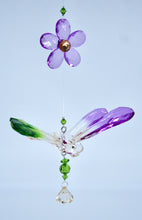 Load image into Gallery viewer, purple acrylic dragonfly that hangs with 3 long flowers