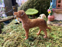 Load image into Gallery viewer, FAIRY GARDEN – RESIN – ‘FETCH’ FAIRY DOG | MG49 | 4.41” T BY 4.25” W BY 4.17” D | ALWAYS READY TO PLAY IN YOUR MINIATURE OR FAIRY GARDEN | LIGHT TAN COAT WITH WHITE CHEST | FINELY DETAILED FUR | WHITE STICK IN ITS MOUTH | SIDE VIEW.