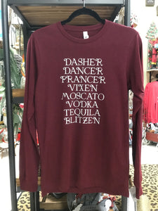 Adult Friendly Fun Humorous Christmas Themed Long Sleeve Burgundy t-shirt S-3Xl
