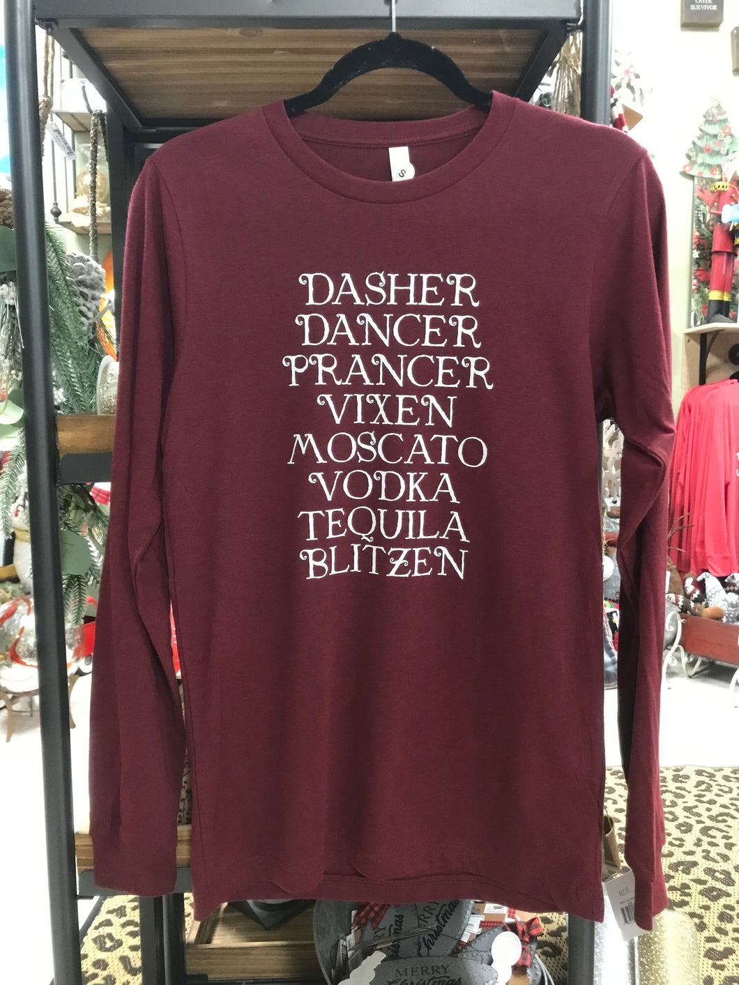 Adult Friendly Fun Humorous Christmas Themed Long Sleeve Burgundy t-shirt S-3Xl
