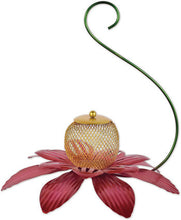Load image into Gallery viewer, bird feeder in the shape of a flower.  Red petals with a gold ball in the center to hold sunflower seeds.  There is a green stem the bends up and hooks into a tree branch or a shepherds hook.