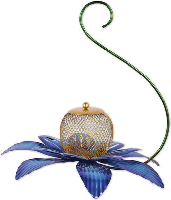 blue flower petals with a gold ball on top that hold sunflower seeds with a green stem that hooks into a tree branch.