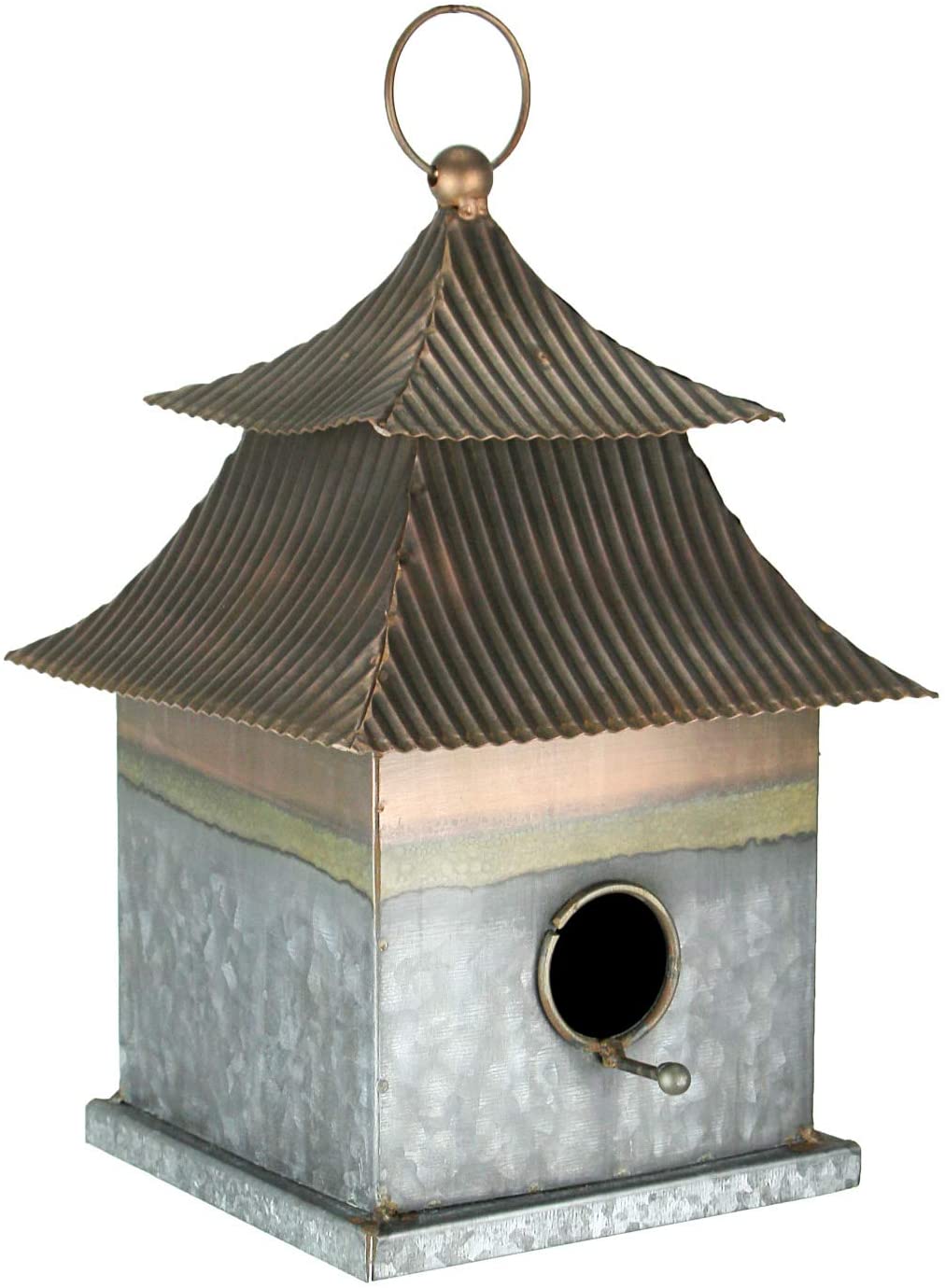 Add Asian elegance to your landscape with this nature inspired Japanese pagoda style bird house.  Made from metal, this pagoda shaped house has a galvanized zinc finish on the walls, and has a copper finished roof.