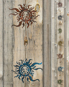 8 feet long. Enameled metal fun sun faces that are sure to make you smile. Each sun is roughly 8" wide. There are bells that hang between each sun.
