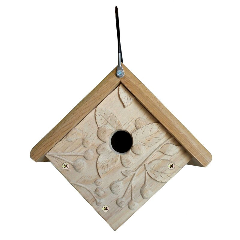 Hand Carved Cedar Wren House with Winterberries | Hanging Outdoor Birdhouse | made in the USA
