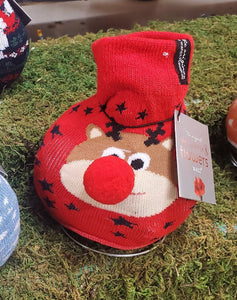 Cute red sock with a reindeer with a pompom nose.  There are black stars knitted throughout the sock that covers a wax coated amaryllis bulb.  Great stocking stuffer