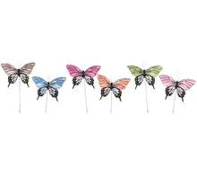 Load image into Gallery viewer, 6 BUTTERFLY PICKS MADE WITH FEATHERS. THEIR COLORS ARE ORANGE, BLUE, TAUPE, MAGENTA, PURPLE, AND GREEN. THEY ARE 4.5 INCHES HIGH BY 7 INCHES WIDE BY 1” DEEP AND COME WITH A 10” HIGH WIRE PICK.