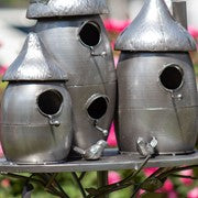Load image into Gallery viewer, Mushroom Shaped Birdhouse Condo Garden Stake | Silver or Copper Metal 6&#39;