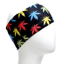 Load image into Gallery viewer, A WHITE MANNEQUIN HEAD IS WEARING A, 9.5 INCHES WIDE BY 19 INCHES LONG, STRETCHABLE INFINITY SCARF. THIS ONE IS A COLORFUL POT LEAVES ON A BLACK BACKGROUND MOTIF.
