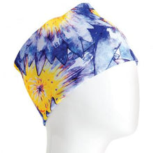 Load image into Gallery viewer, A WHITE MANNEQUIN HEAD IS WEARING A, 9.5 INCHES WIDE BY 19 INCHES LONG, STRETCHABLE INFINITY SCARF. THIS ONE IS A BLUE AND YELLOW FLOWERS MOTIF.
