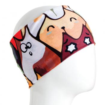 A WHITE MANNEQUIN HEAD IS WEARING A, 9.5 INCHES WIDE BY 19 INCHES LONG, STRETCHABLE INFINITY SCARF. THIS ONE IS A CARTOON CATS MOTIF.