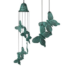Load image into Gallery viewer, 6 cast aluminum butterflies dancing on the 21&quot; wind chime.   hanging from a bell.  Patina green finish