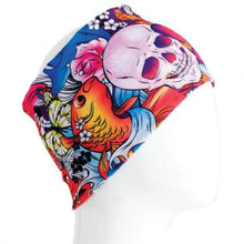 Load image into Gallery viewer, A WHITE MANNEQUIN HEAD IS WEARING A, 9.5 INCHES WIDE BY 19 INCHES LONG, STRETCHABLE INFINITY SCARF. THIS ONE IS A COLORFUL SKULLS AND FISH MOTIF.