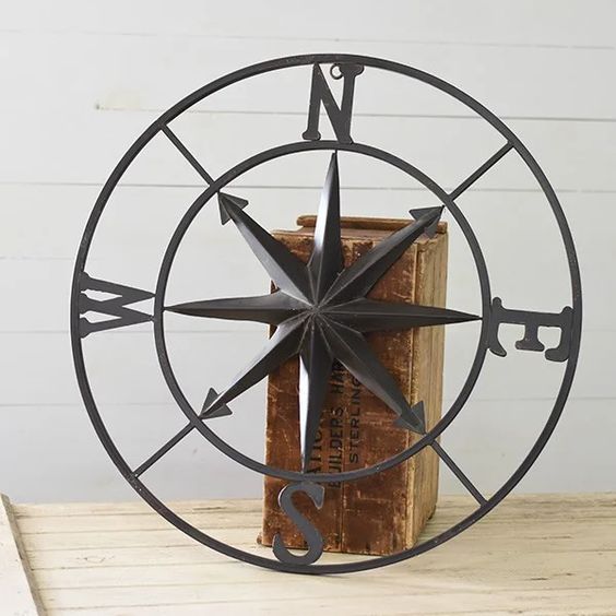 Round Compass Distressed Vintage Black Wall Decor 30