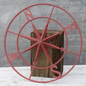 Round Compass Distressed Vintage Red Wall Decor 30"