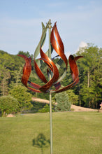 Load image into Gallery viewer, copper and green flame shaped wind spinner.  4 prong base