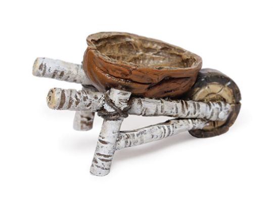 FAIRY GARDEN – RESIN – ‘WALNUT WHEELBARROW’ | MG505 | 2.25” T | HALF TAN WALNUT SHELL FOR BARROW/WHITE-GREY BIRCH TREE LIMBS FOR FRAME/TREE TRUNK SLICE FOR WHEEL, DARK BROWN BARK – TAN CENTER.