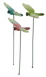 NEW FOR 2021! 3 ‘GLOW-IN-THE-DARK DRAGONFLIES’ | MG500 | 1 HAS PINK BODY/DARK BROWN HEAD/PINK, LIGHT BLUE/WHITE WINGS | 1 HAS BLUE BODY/DARK BROWN HEAD/BLUE AND WHITE WINGS/1 HAS YELLOW-GREEN BODY/DARK BROWN HEAD/YELLOW-GREEN AND WHITE WINGS | ALL 3 HAVE GREEN STAKES.