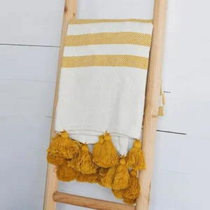 Mustard and White Cotton Throw Blanket with Pom Poms