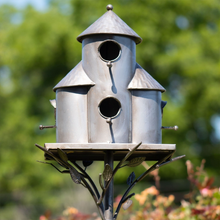 Load image into Gallery viewer, Outdoor Bird Houses | Plump Cylinder Birdhouse Stake | Vintage Antique Silver