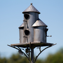 Load image into Gallery viewer, Outdoor Bird Houses | Plump Cylinder Birdhouse Stake | Vintage Antique Silver