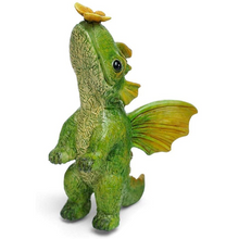 Load image into Gallery viewer, FAIRY GARDEN – RESIN – ‘LITTLE DRAGON’ FAIRY | MG305 | 3” T BY 2” W BY 2” D | 1” STAKE AT BOTTOM | GREEN SCALES/YELLOW-ORANGE WINGS/YELLOW-GREEN RIDGE-LINE SCALES | ON BACK LEGS WITH YELLOW BUTTERFLY ON ITS NOSE.